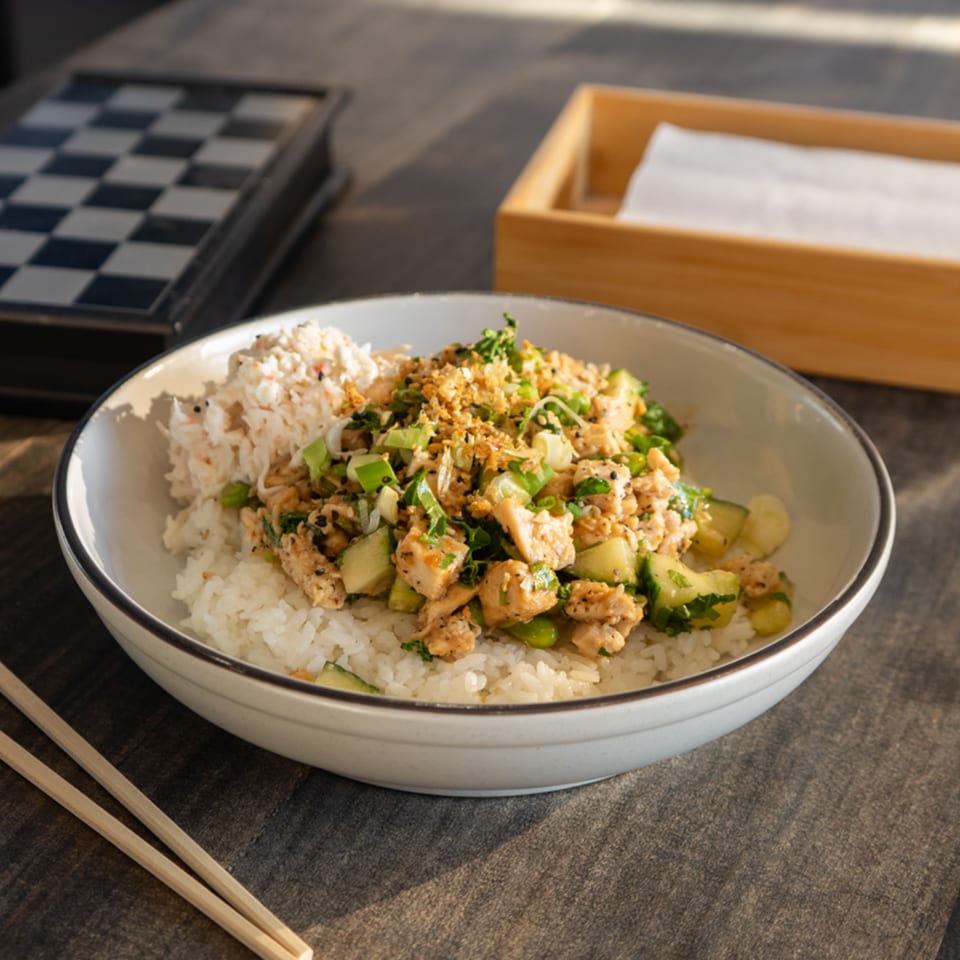 Hana Poke bowl with white rice, chicken, cucumber, green onions, and sesame seeds.