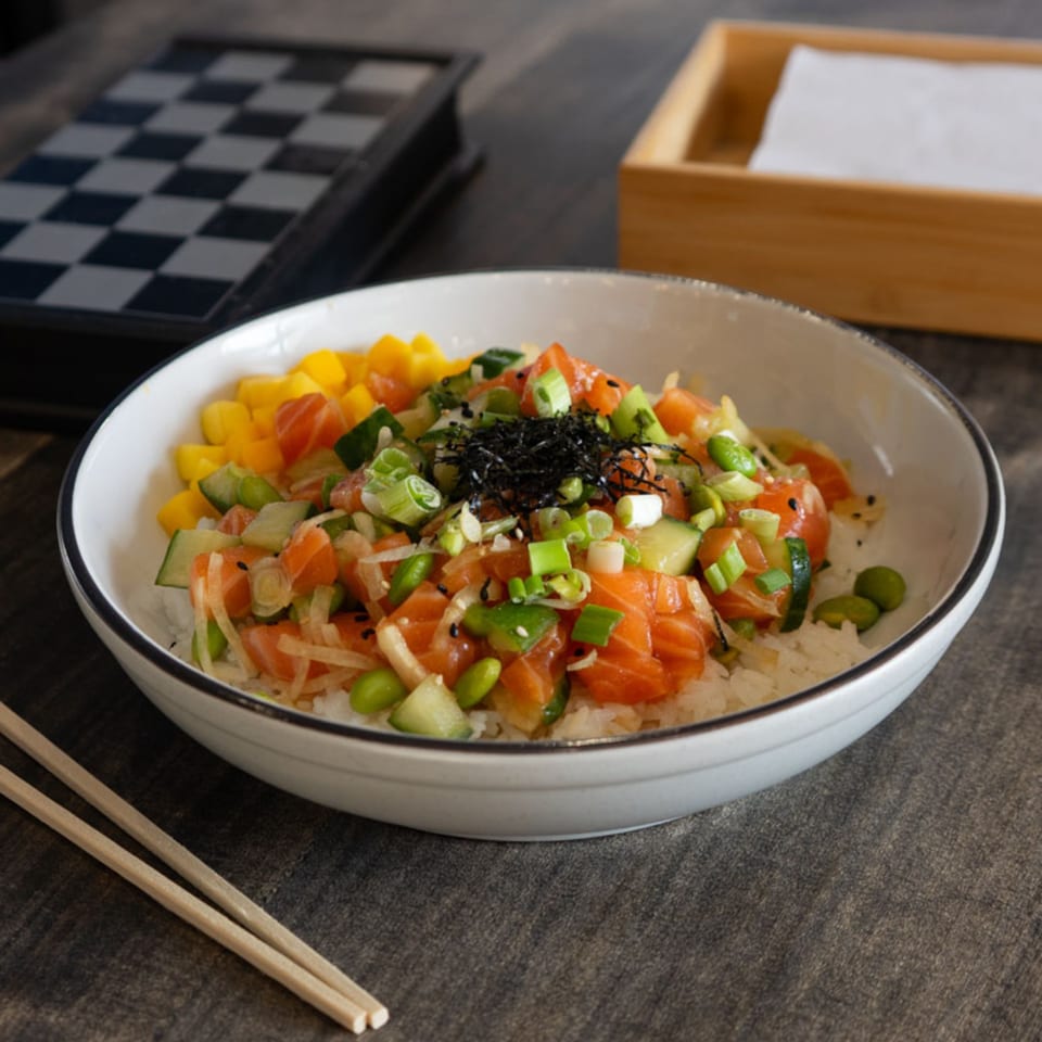 Hana Poke bowl with salmon, mango, cucumber, edamame, and green onions on rice, with chopsticks.